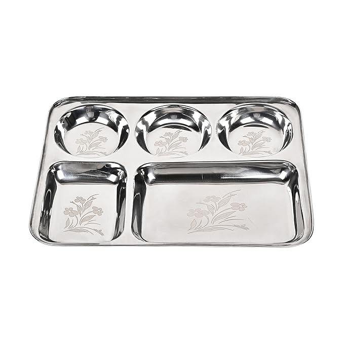 Steel Laser Compartment Bhojan Thali/Dinner Plate Set of 6