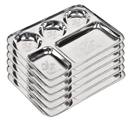 Steel Laser Compartment Bhojan Thali/Dinner Plate Set of 6