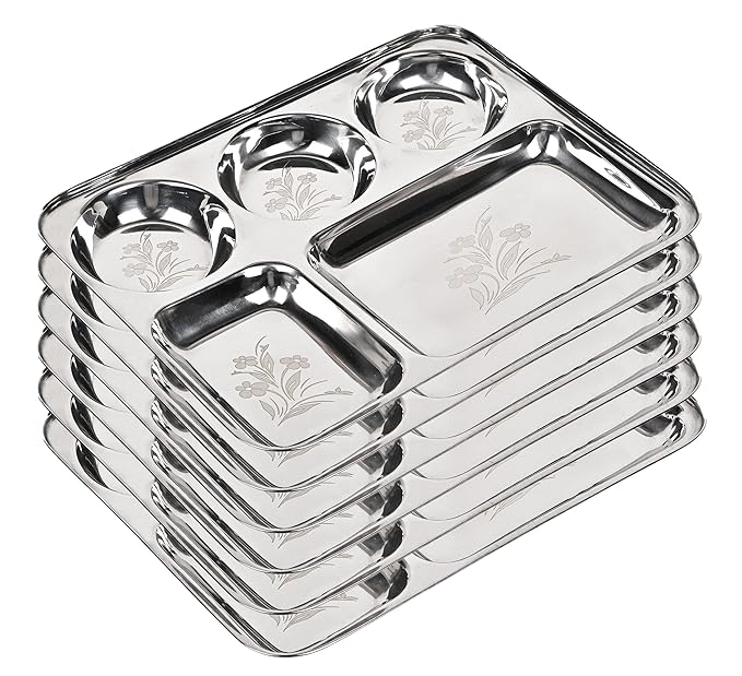 Steel Laser Compartment Bhojan Thali/Dinner Plate Set of 6